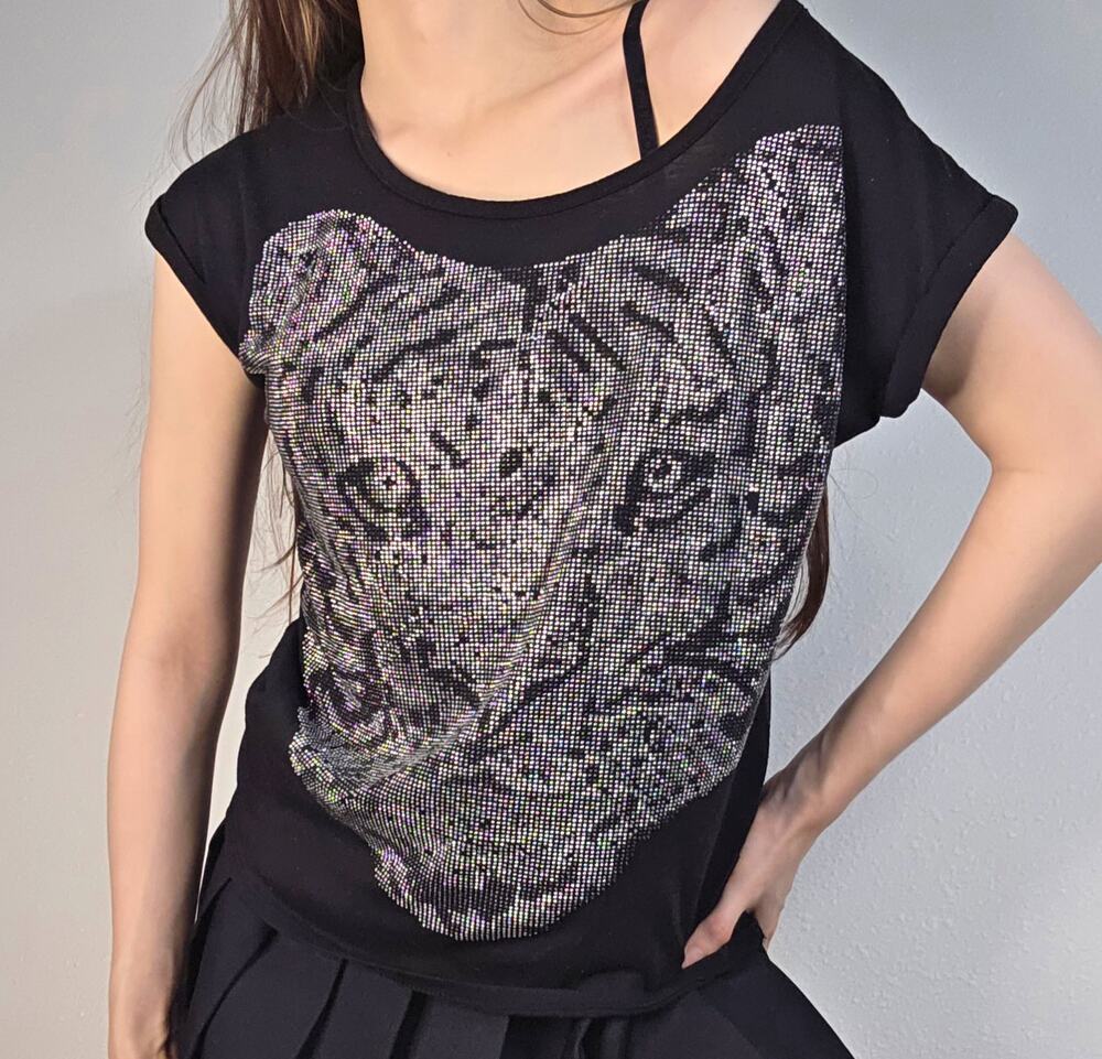 Rhinestone Tiger T-Shirt Black Indie Sleeze Y2K 2010s Grunge Statement McBling